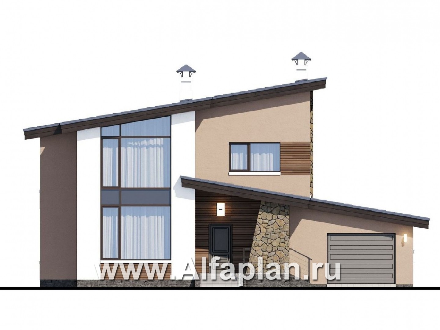 Проекты домов Альфаплан - «Борей» - стильный коттедж с односкатной крышей - изображение фасада №1