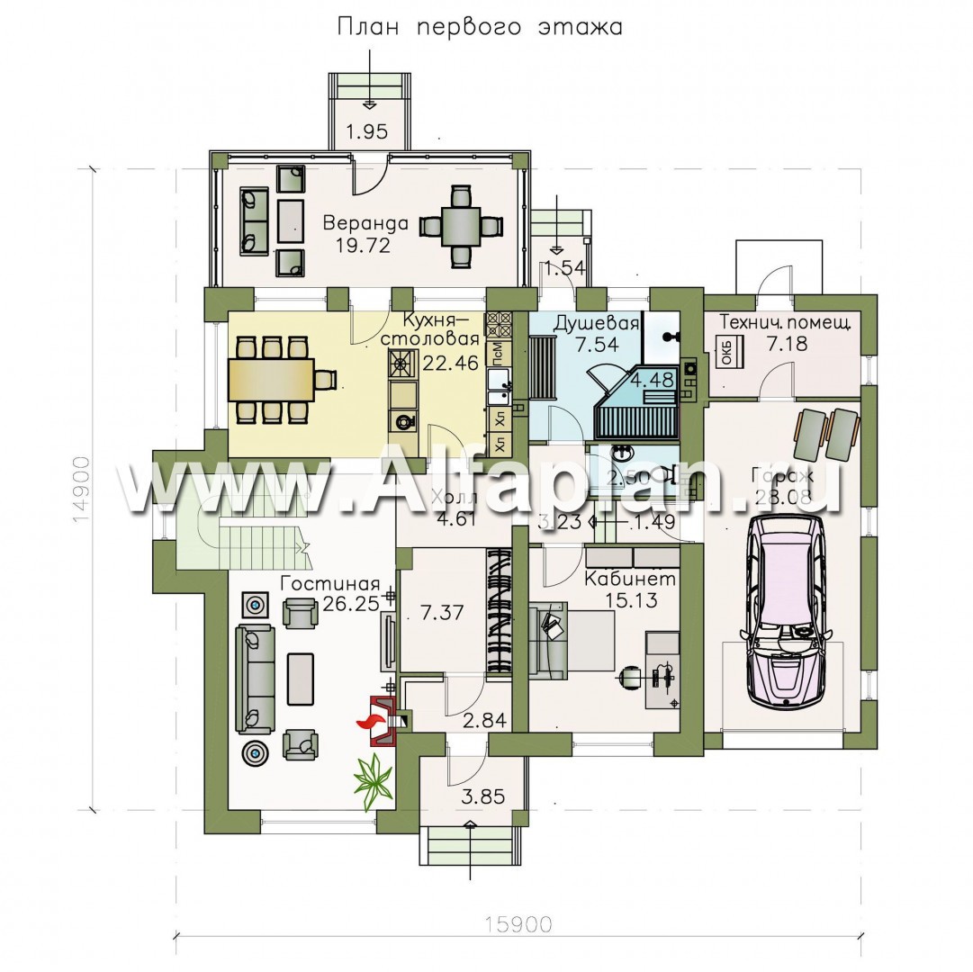 Проекты домов Альфаплан - «Традиция» - комфортабельный коттедж с гаражом - изображение плана проекта №1