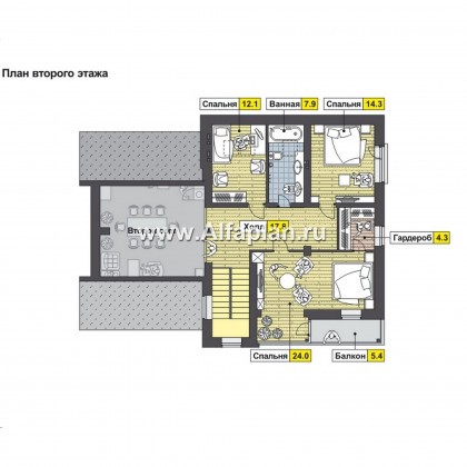 Проекты домов Альфаплан - Коттедж для большой семьи - пять спален - превью плана проекта №2