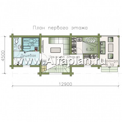 Проекты домов Альфаплан - Баня из бревен - гостевой дом с двумя спальными - превью плана проекта №1
