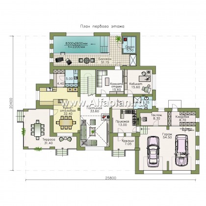 Проекты домов Альфаплан - «Арно» - классический особняк с большим гаражом и бассейном - превью плана проекта №1