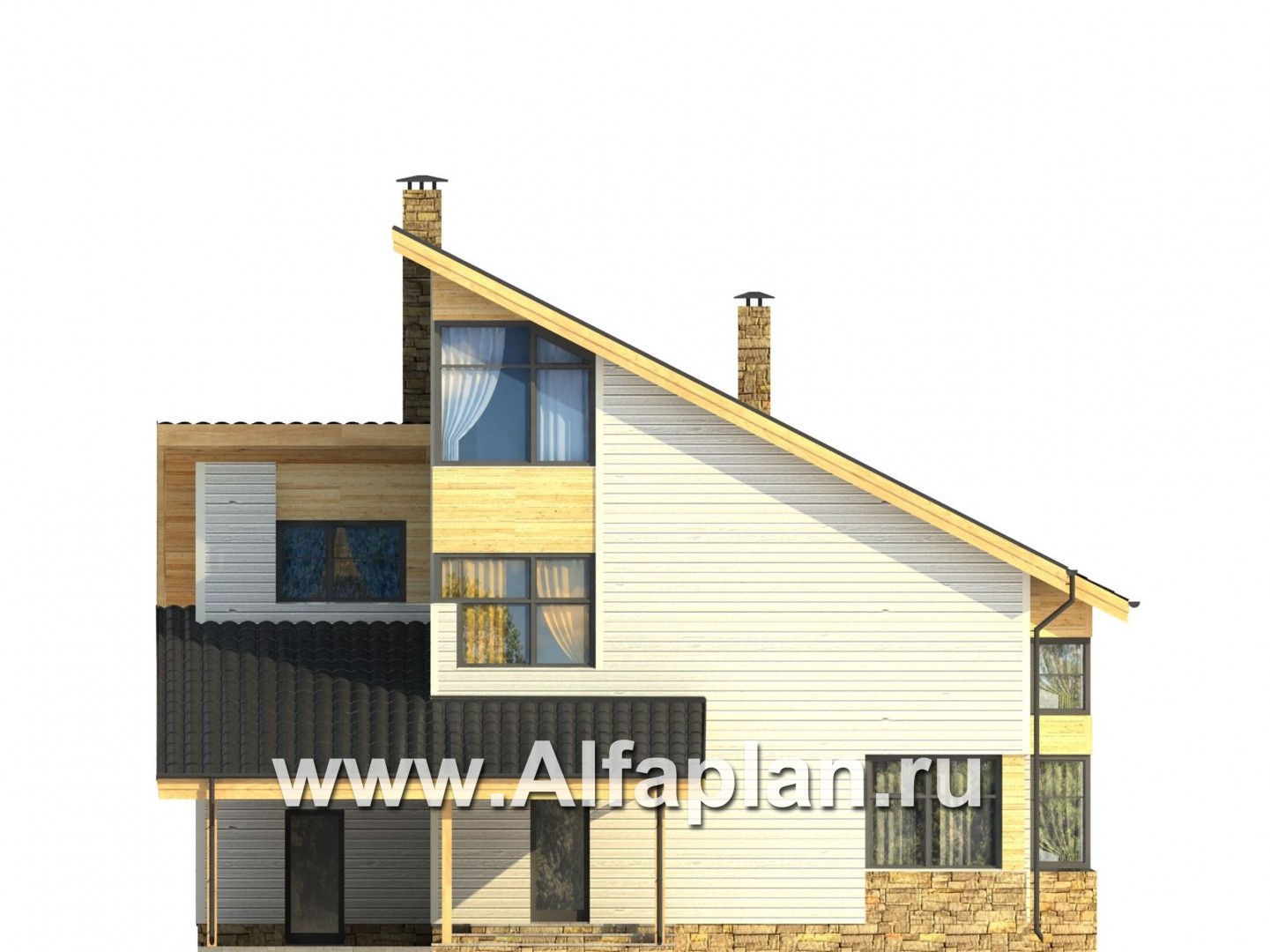 Проекты домов Альфаплан - Каркасный дом с террасой и навесом для машины - изображение фасада №3