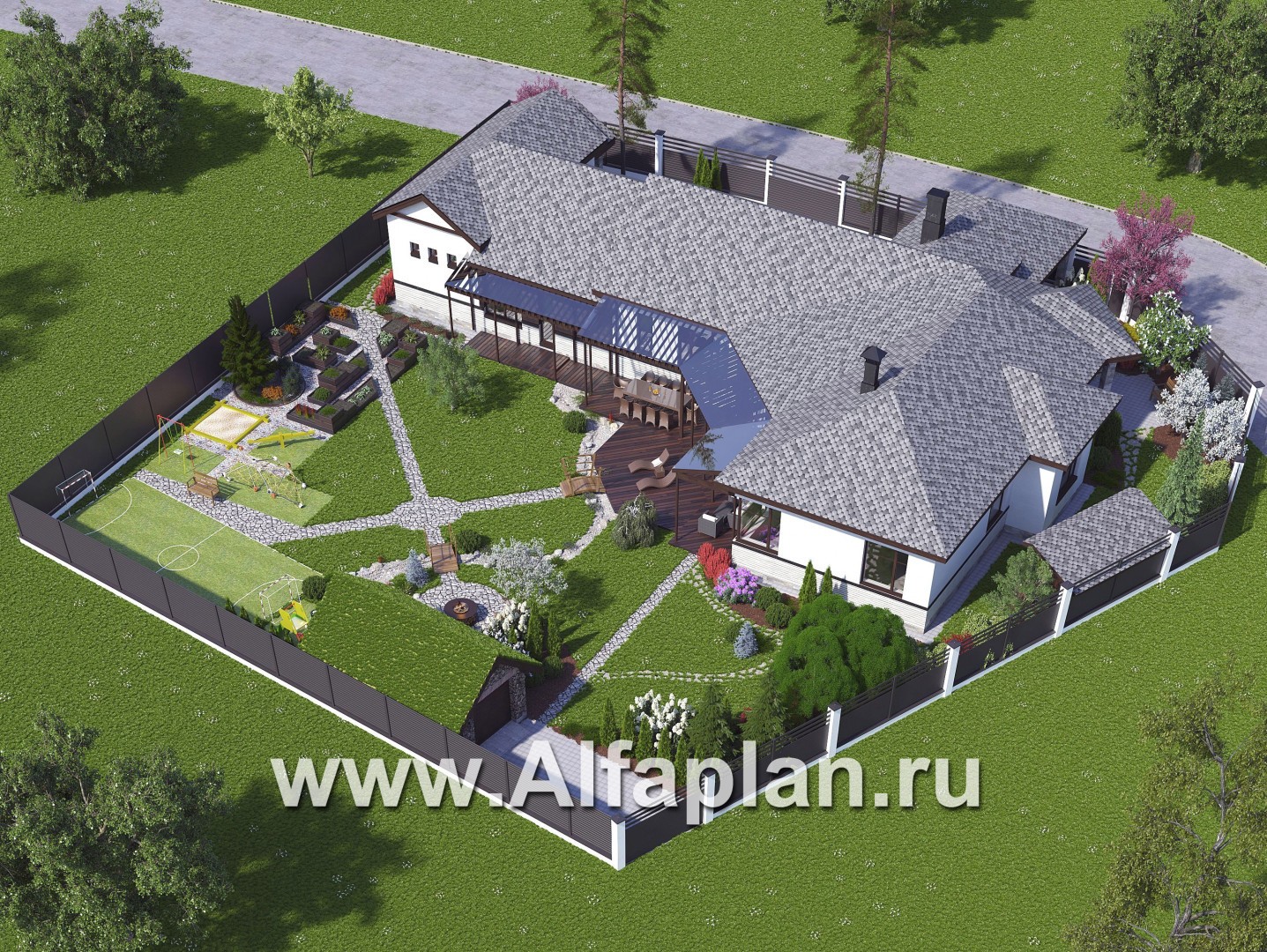 Проекты домов Альфаплан - «Модуль» — одноэтажный дом с бассейном и гостевой квартирой - дополнительное изображение №1