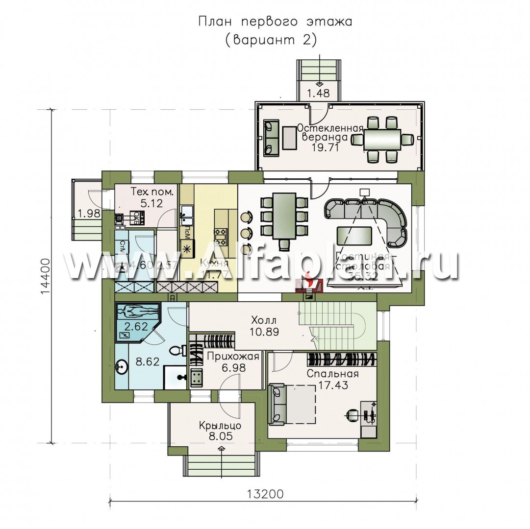 Проекты домов Альфаплан - «Мотив» - стильный двухэтажный коттедж с верандой - план проекта №2