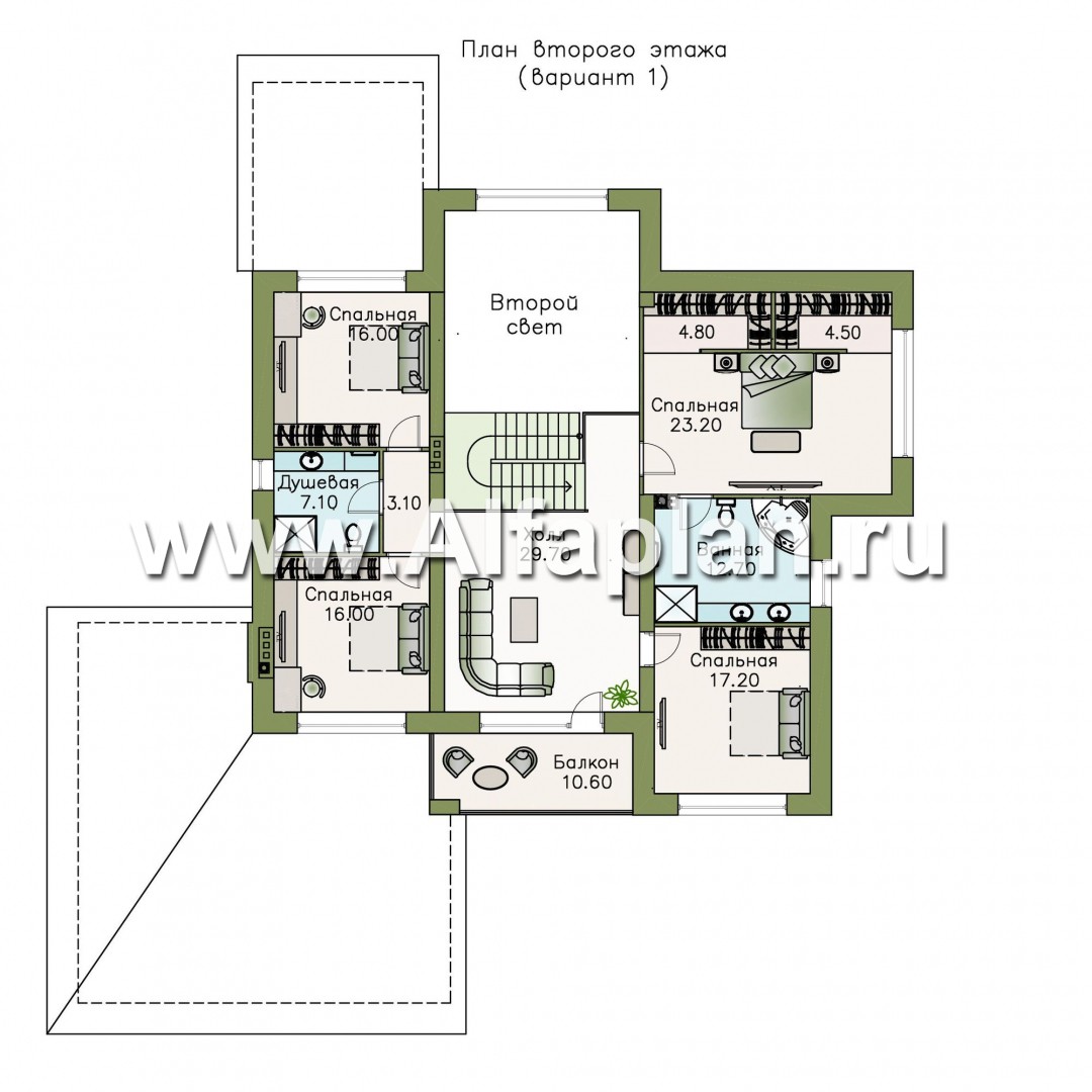 Проекты домов Альфаплан - «Висла» — особняк с двусветной столовой и гаражом на два автомобиля - план проекта №2
