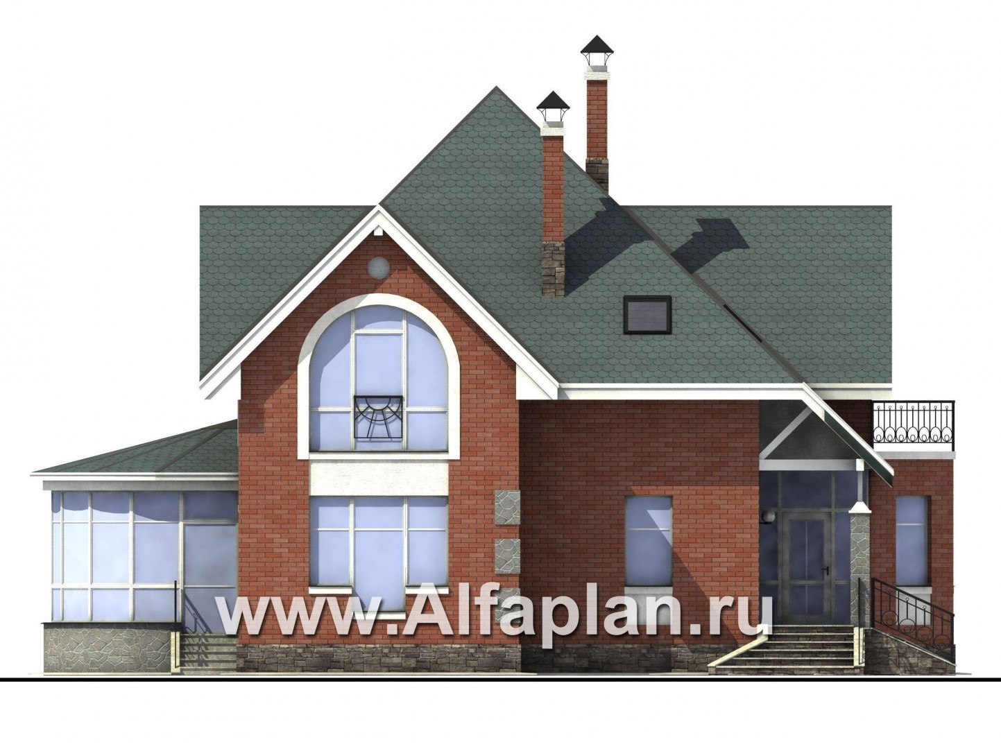 Проекты домов Альфаплан - «Романтика» - проект загородного дома с полукруглой верандой - изображение фасада №3