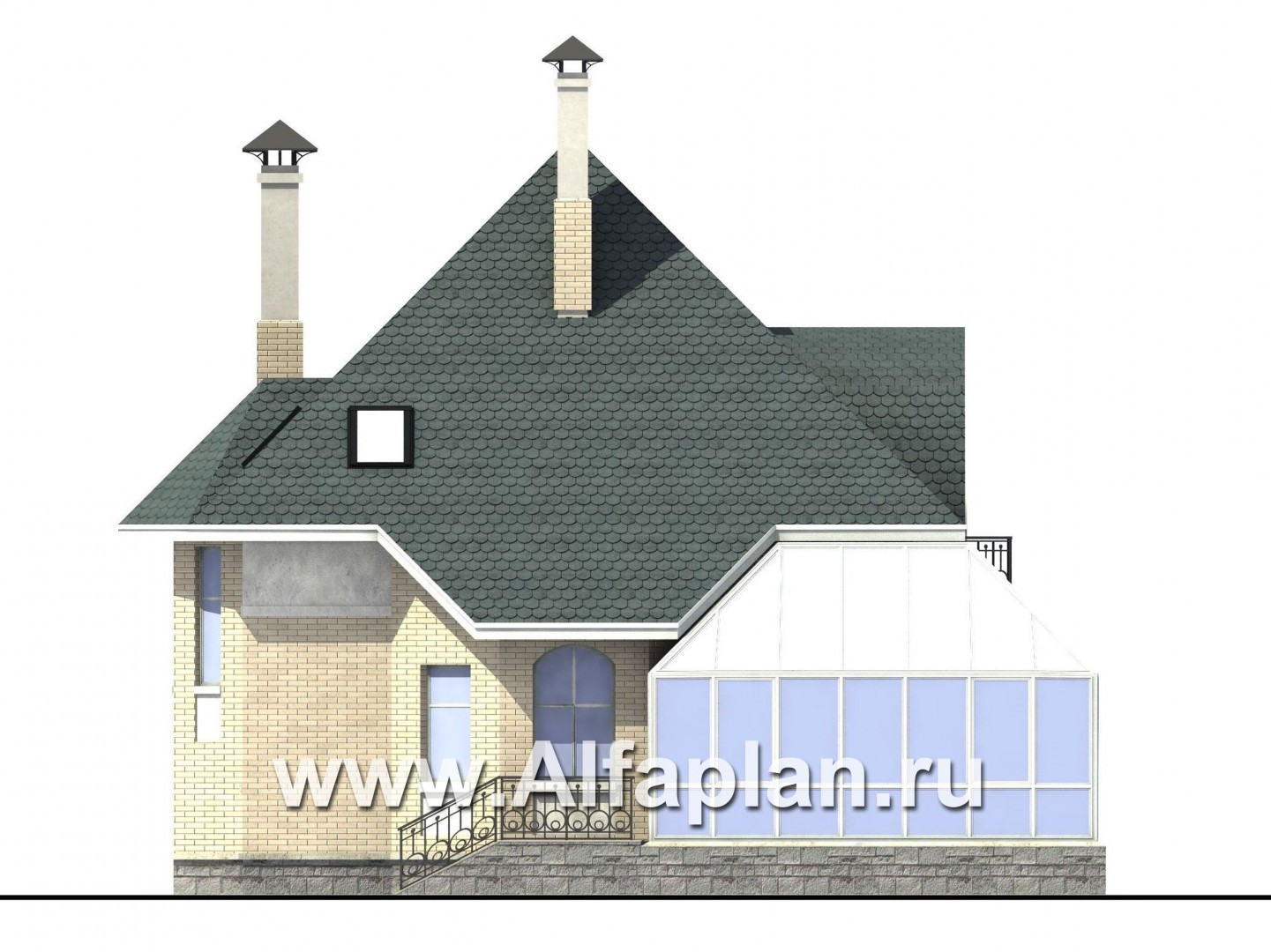 Проекты домов Альфаплан - «Соло»- небольшой коттедж с угловым зимним садом - изображение фасада №3