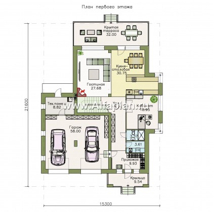 Проекты домов Альфаплан - "Акварель" - двухэтажный коттедж с гаражом и террасой - превью плана проекта №1