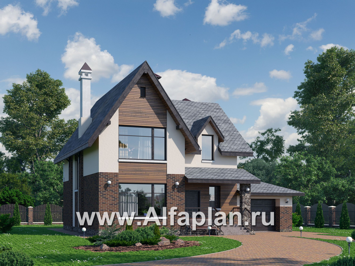 Проекты домов Альфаплан - «Стелла» - стильный дом с гаражом для маленького участка - основное изображение