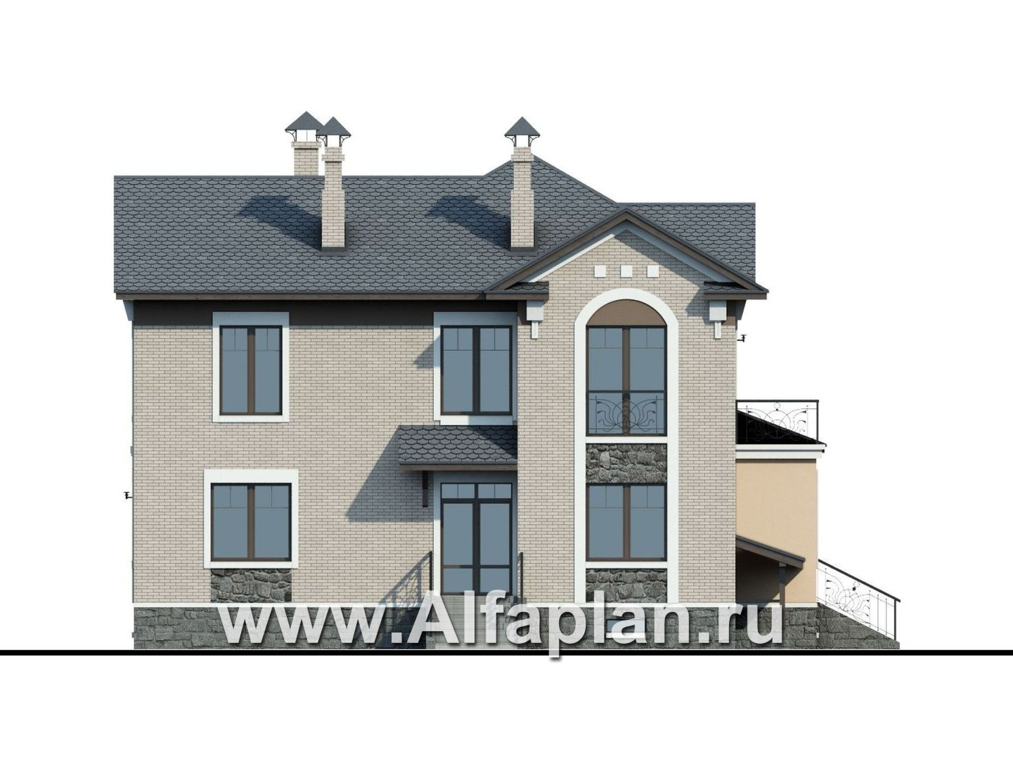 Проекты домов Альфаплан - «Голицын» - коттедж с двусветной гостиной и цоколем - изображение фасада №4