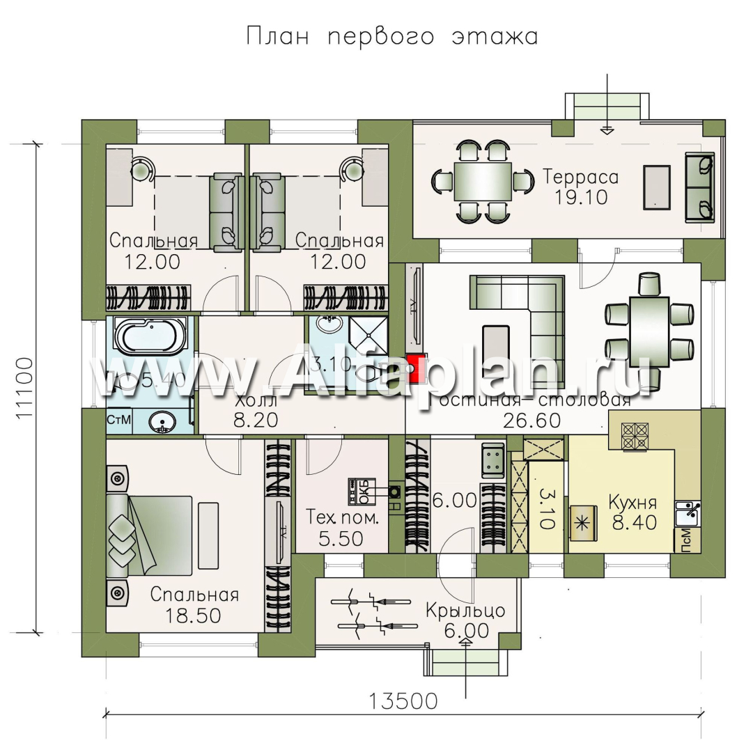 Проекты домов Альфаплан - «Вуокса» - проект одноэтажного дома из кирпича с комфортной планировкой - план проекта №1