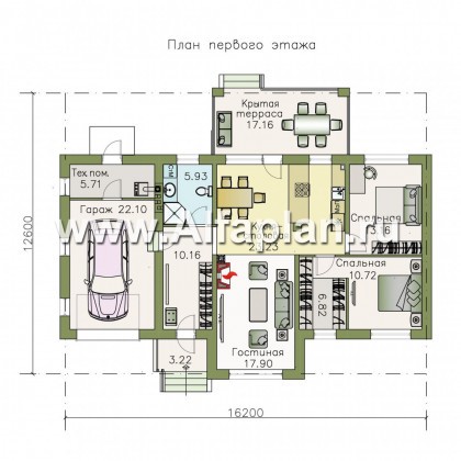 Проекты домов Альфаплан - Проект одноэтажного дома из кирпичей «Княженика», с гаражом - превью плана проекта №1