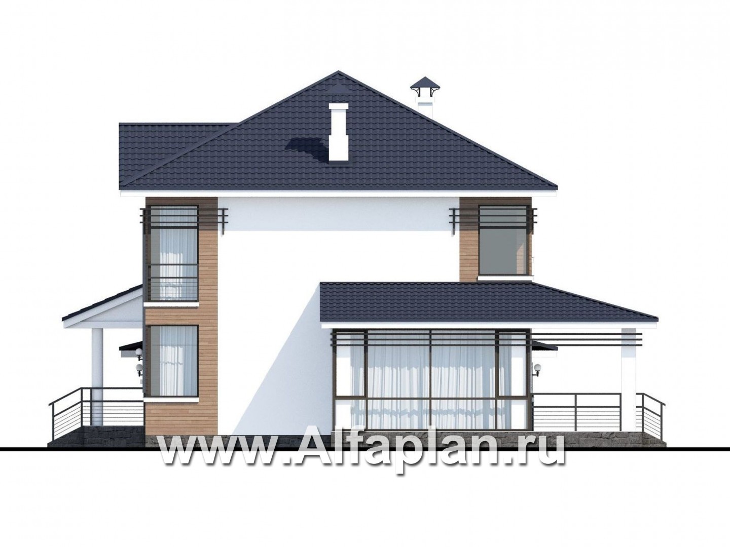 Проекты домов Альфаплан - «Рассвет» - коттедж с эффектными угловыми окнами, гаражом и верандой - изображение фасада №2