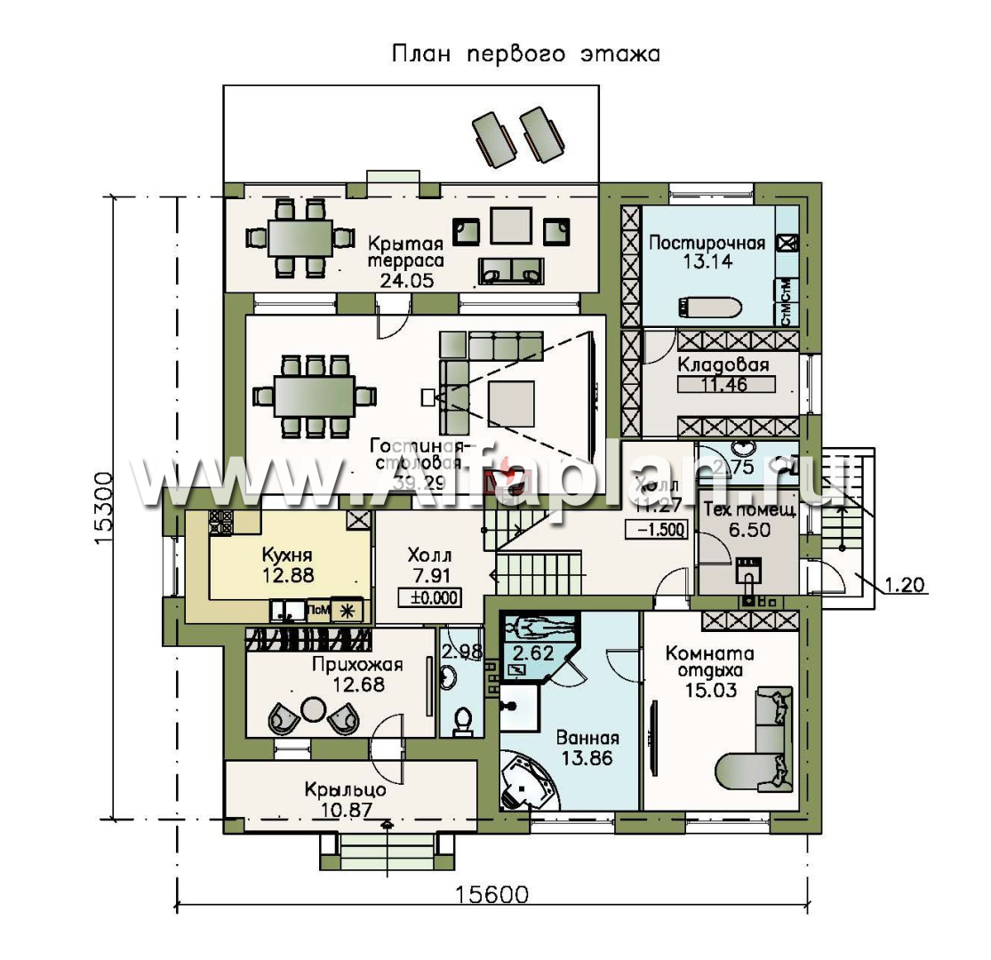 Проекты домов Альфаплан - «Суверен» - полутораэтажный коттедж с небольшим цоколем и мансардой - план проекта №1