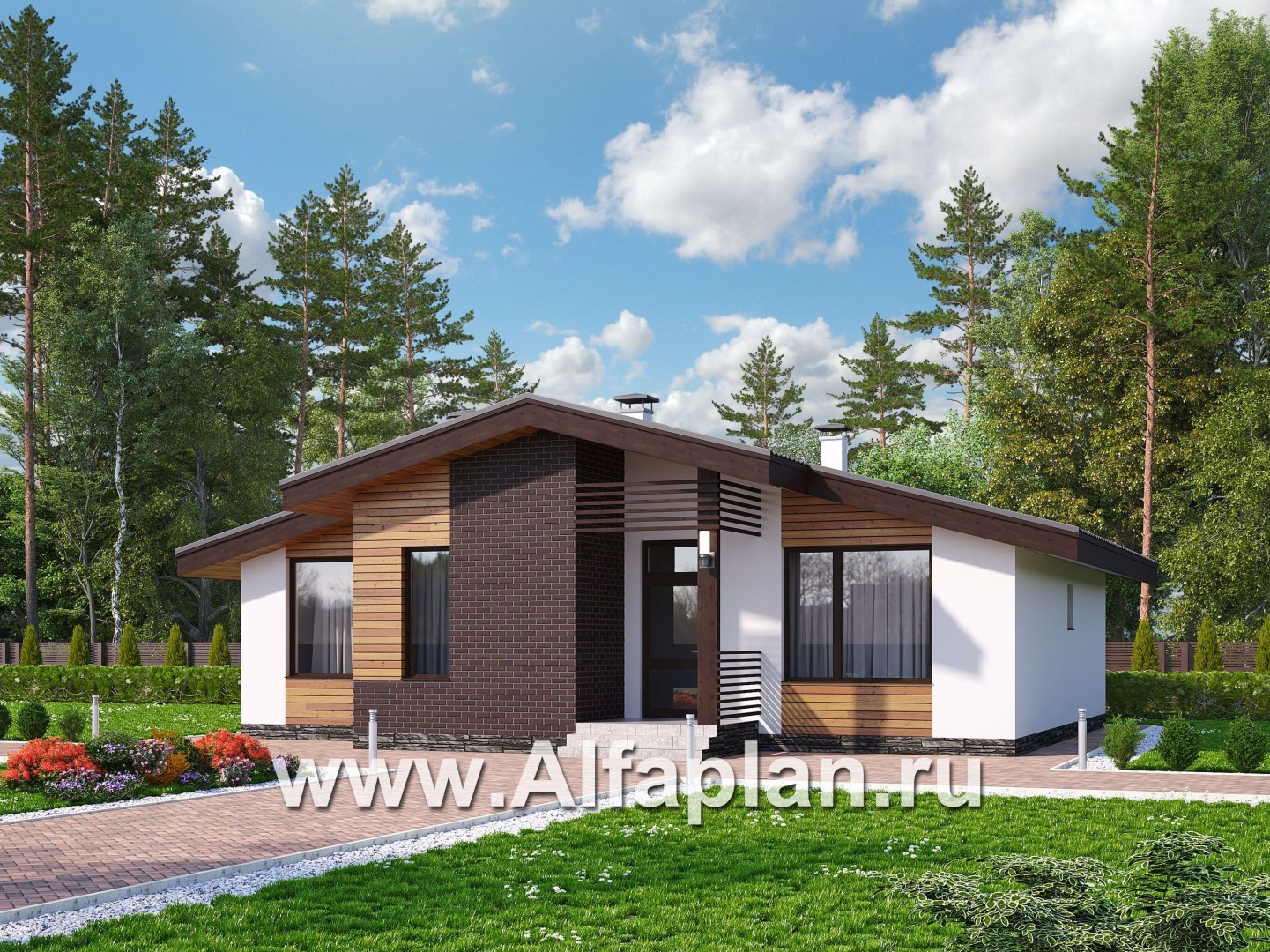 Проекты домов Альфаплан - «Альфа» - небольшой каркасный коттедж с двумя спальнями - основное изображение