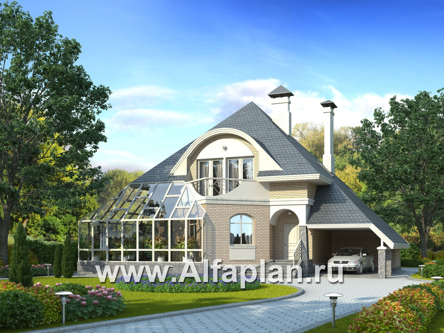 Проекты домов Альфаплан - «Кристалл» - загородный дом с оранжереей - дополнительное изображение №1
