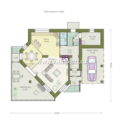 Проекты домов Альфаплан - «Кристалл» - загородный дом с оранжереей - превью плана проекта №1
