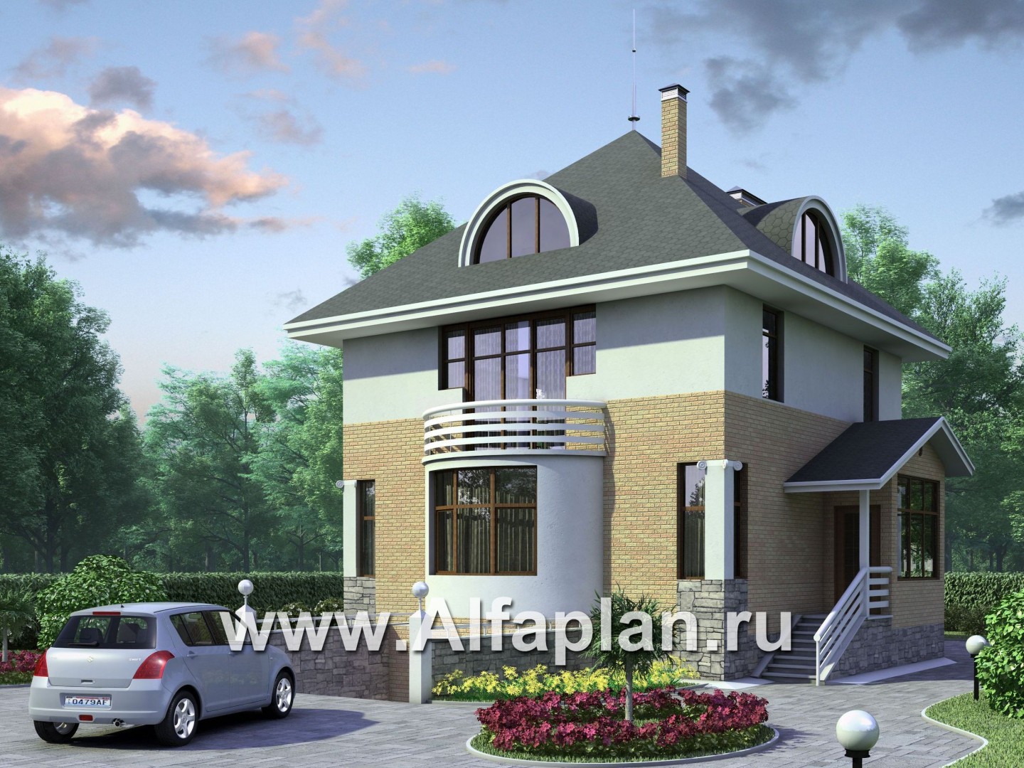 Проекты домов Альфаплан - «Дом светлячка» - трехэтажный дом с мансардой - основное изображение