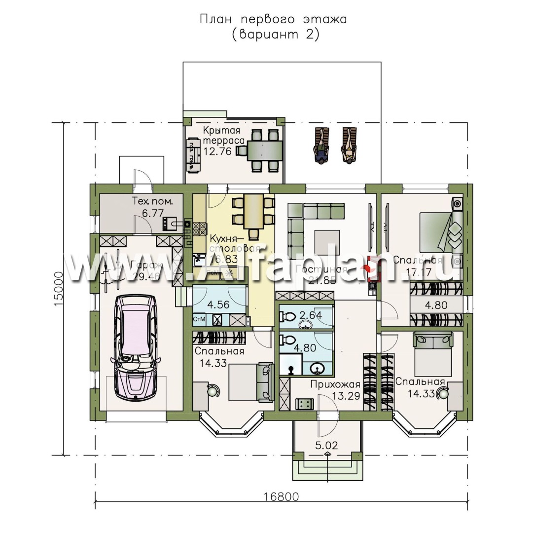 Проекты домов Альфаплан - "Новый свет" - проект одноэтажного дома с гаражом для небольшой семьи - изображение плана проекта №2