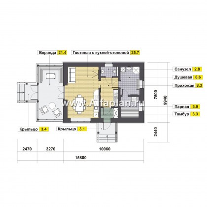 Проекты домов Альфаплан - Дом для отдыха (баня) с большой верандой - превью плана проекта №1