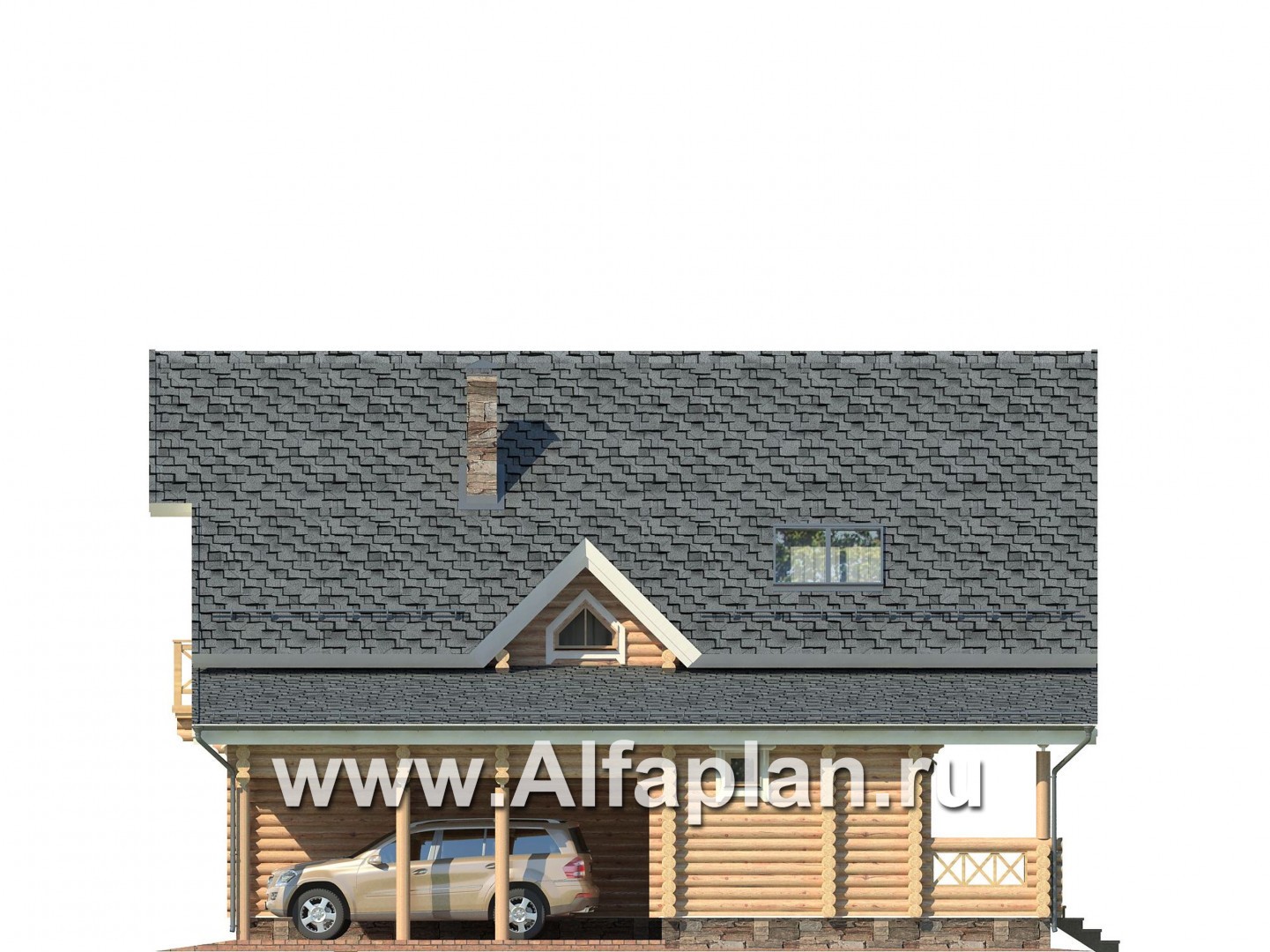 Проекты домов Альфаплан - Деревянный дом с террасой и навесом для машины - изображение фасада №3