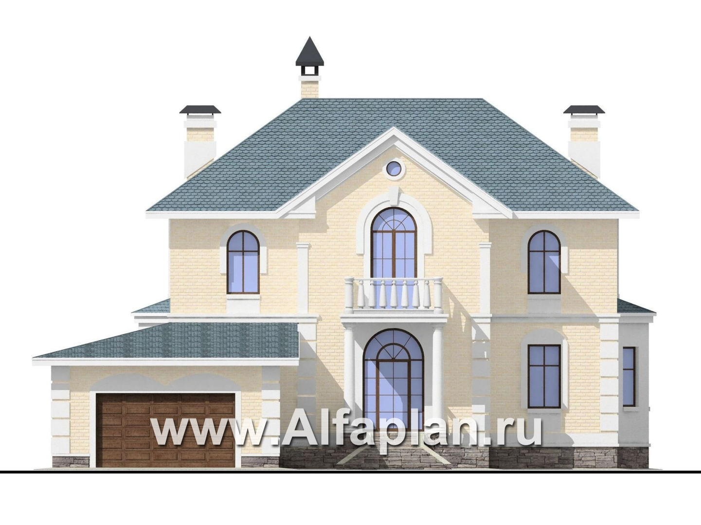Проекты домов Альфаплан - «Петровское барокко»- двухэтажный коттедж с гаражом на два автомобиля - изображение фасада №1