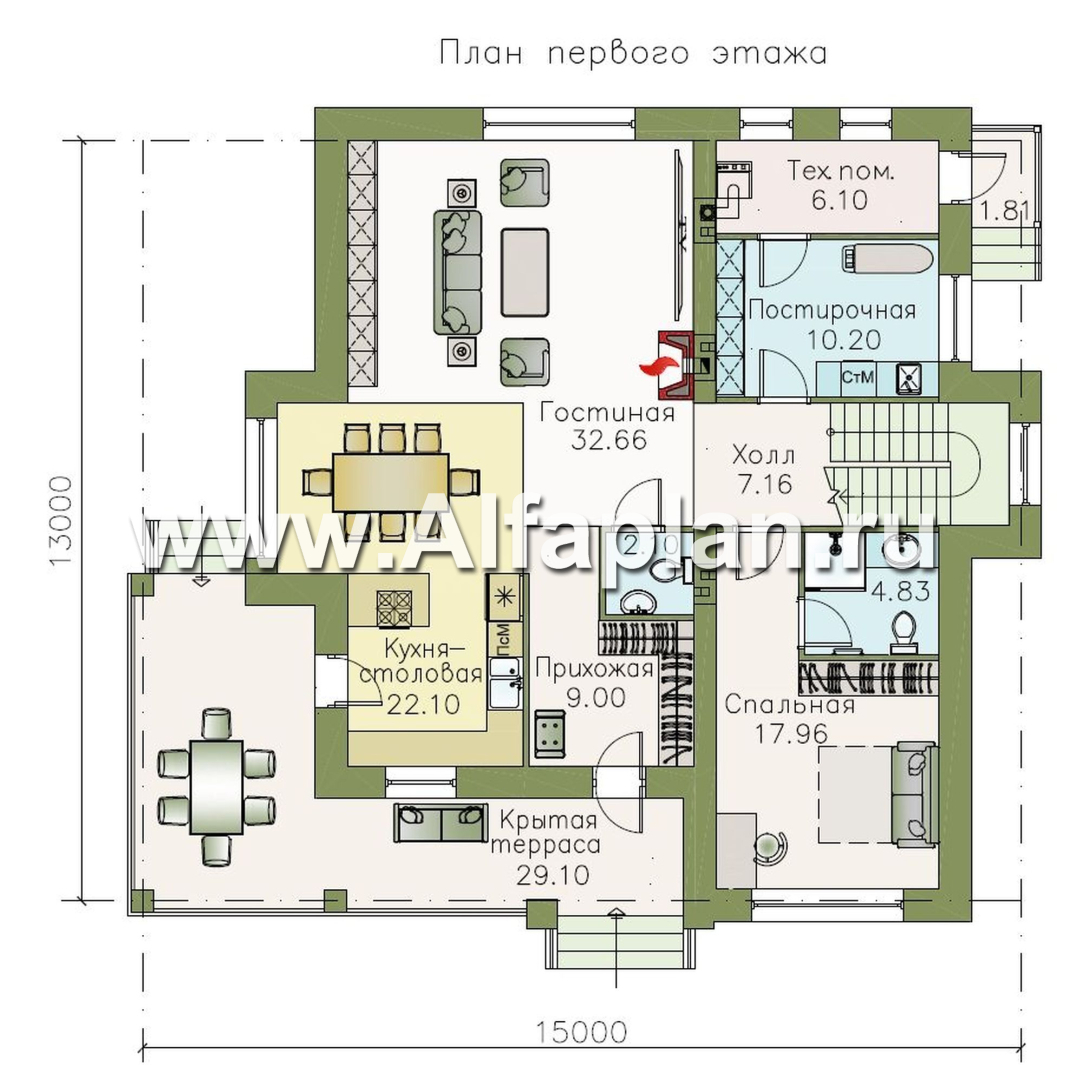 Проекты домов Альфаплан - «Республика» - современный двухэтажный комфортабельный дом - план проекта №1