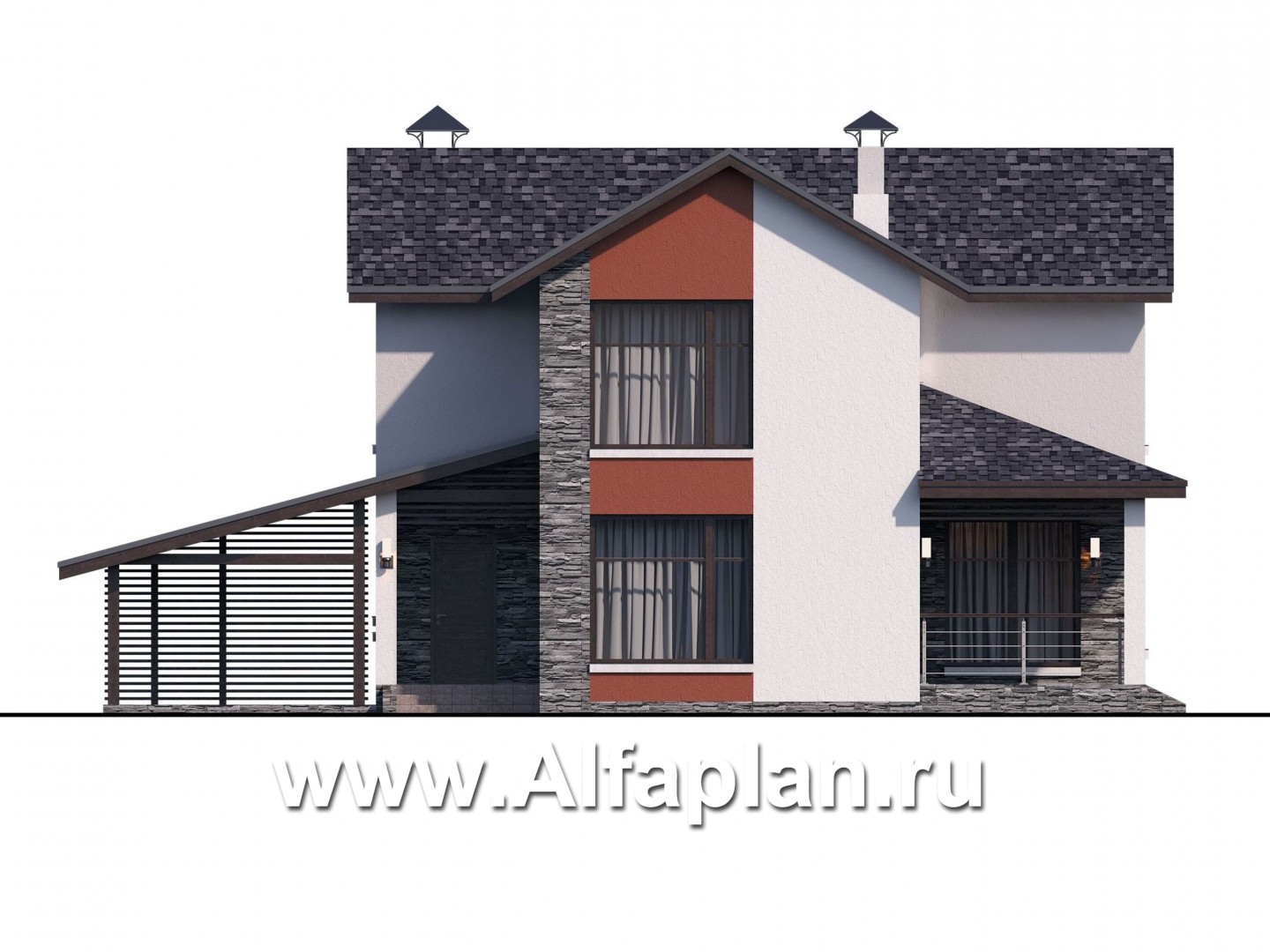 Проекты домов Альфаплан - Стильный компактный дом с гаражом-навесом - изображение фасада №1