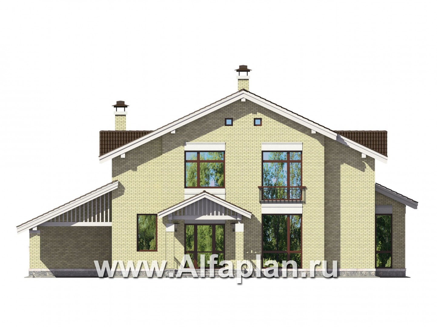 Проекты домов Альфаплан - Кирпичный коттедж с навесом для машины - изображение фасада №1