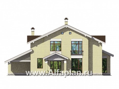 Проекты домов Альфаплан - Кирпичный коттедж с навесом для машины - превью фасада №1