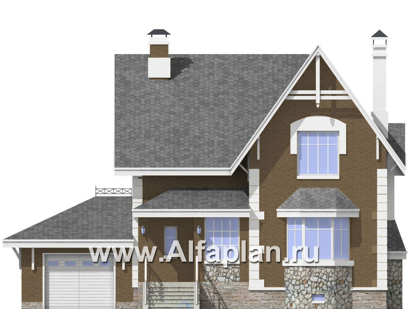Проекты домов Альфаплан - «Ретростилиса Плюс» - удобный дом с цокольным этажом - изображение фасада №1