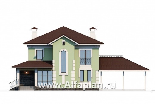 Проекты домов Альфаплан - «Кваренги» - коттедж с террасой и навесом для машины - превью фасада №1