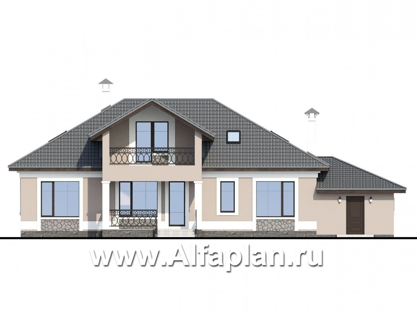 Проекты домов Альфаплан - «Волга» - коттедж с 3-я жилыми комнатами на 1 этаже, жилой мансардой и гаражом - изображение фасада №4