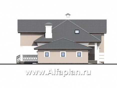 Проекты домов Альфаплан - «Волга» - коттедж с 3-я жилыми комнатами на 1 этаже, жилой мансардой и гаражом - превью фасада №3