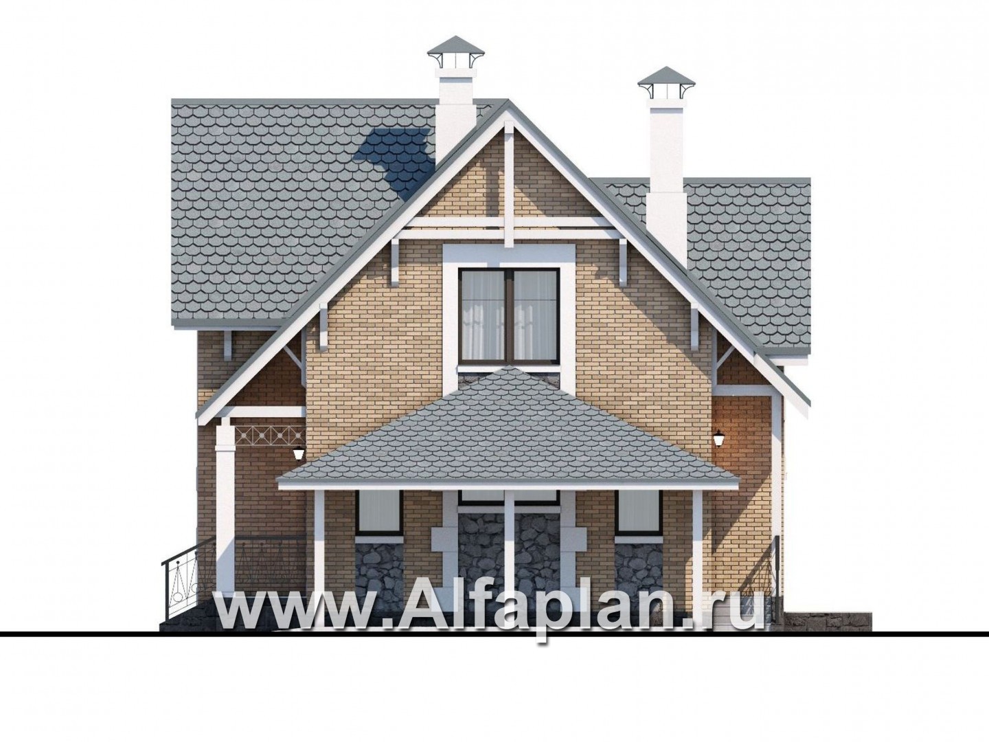 Проекты домов Альфаплан - Коттедж из кирпича «Семейное гнездо» с навесом для машины - изображение фасада №2