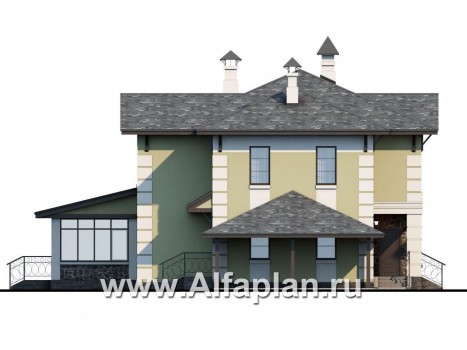 Проекты домов Альфаплан - «Рождествено» - коттедж с большой верандой и навесом для машины - превью фасада №3