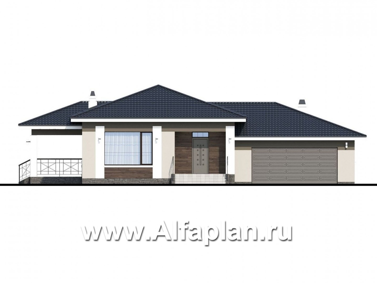 Проекты домов Альфаплан - «Ариадна» - одноэтажный дом с большим гаражом - изображение фасада №1