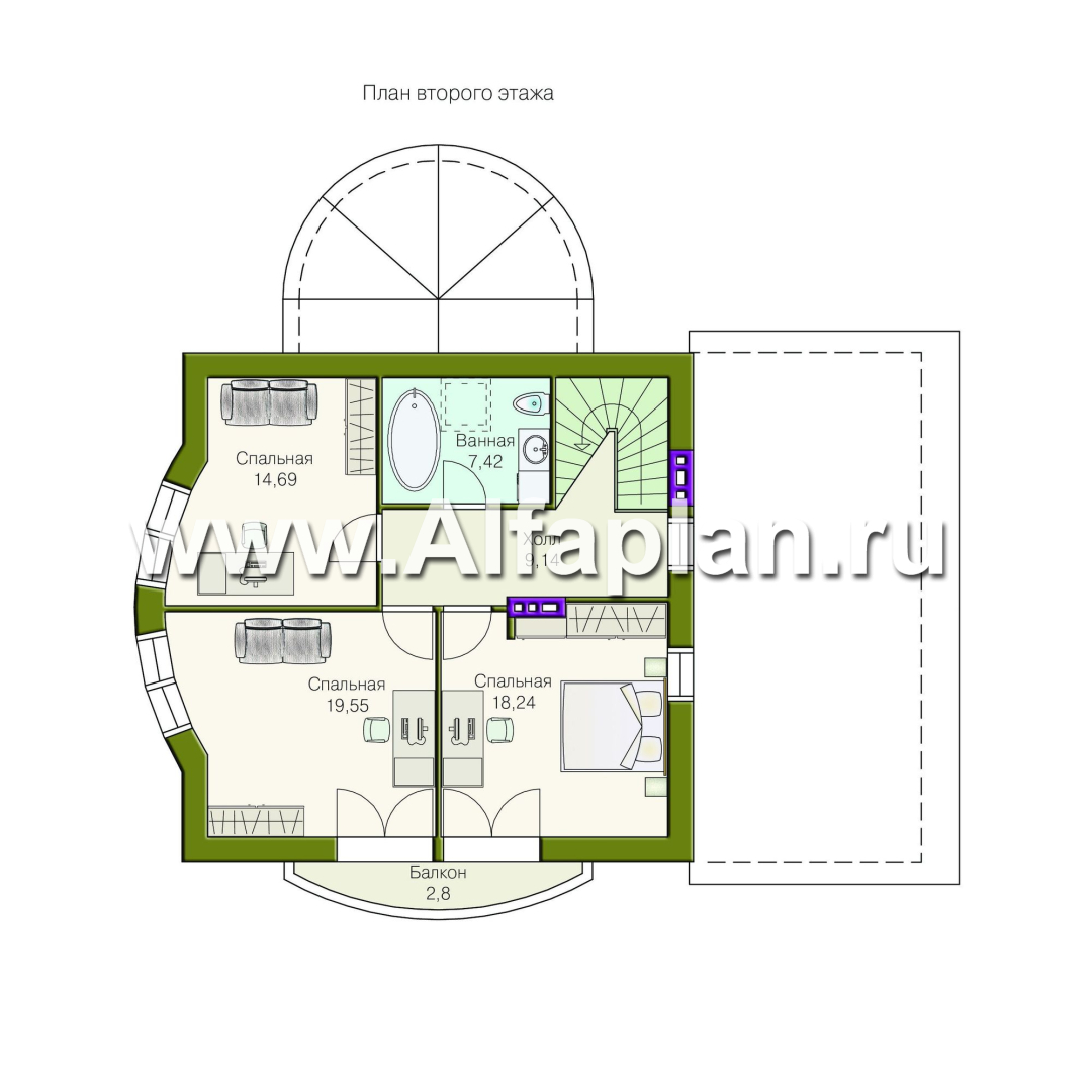 Проекты домов Альфаплан - Дом из газобетона «Боген» с полукруглой гостиной - изображение плана проекта №2