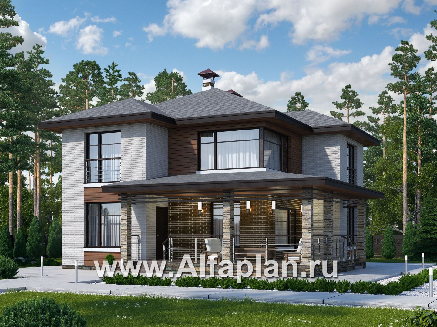 Проекты домов Альфаплан - «Квантум» - современный двухэтажный дом с большой террасой - основное изображение