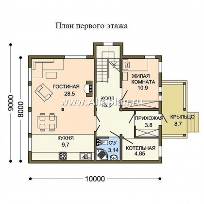 Проект каркасного дома с мансардой, план с кабинетом на 1 эт, в стиле шале - превью план дома