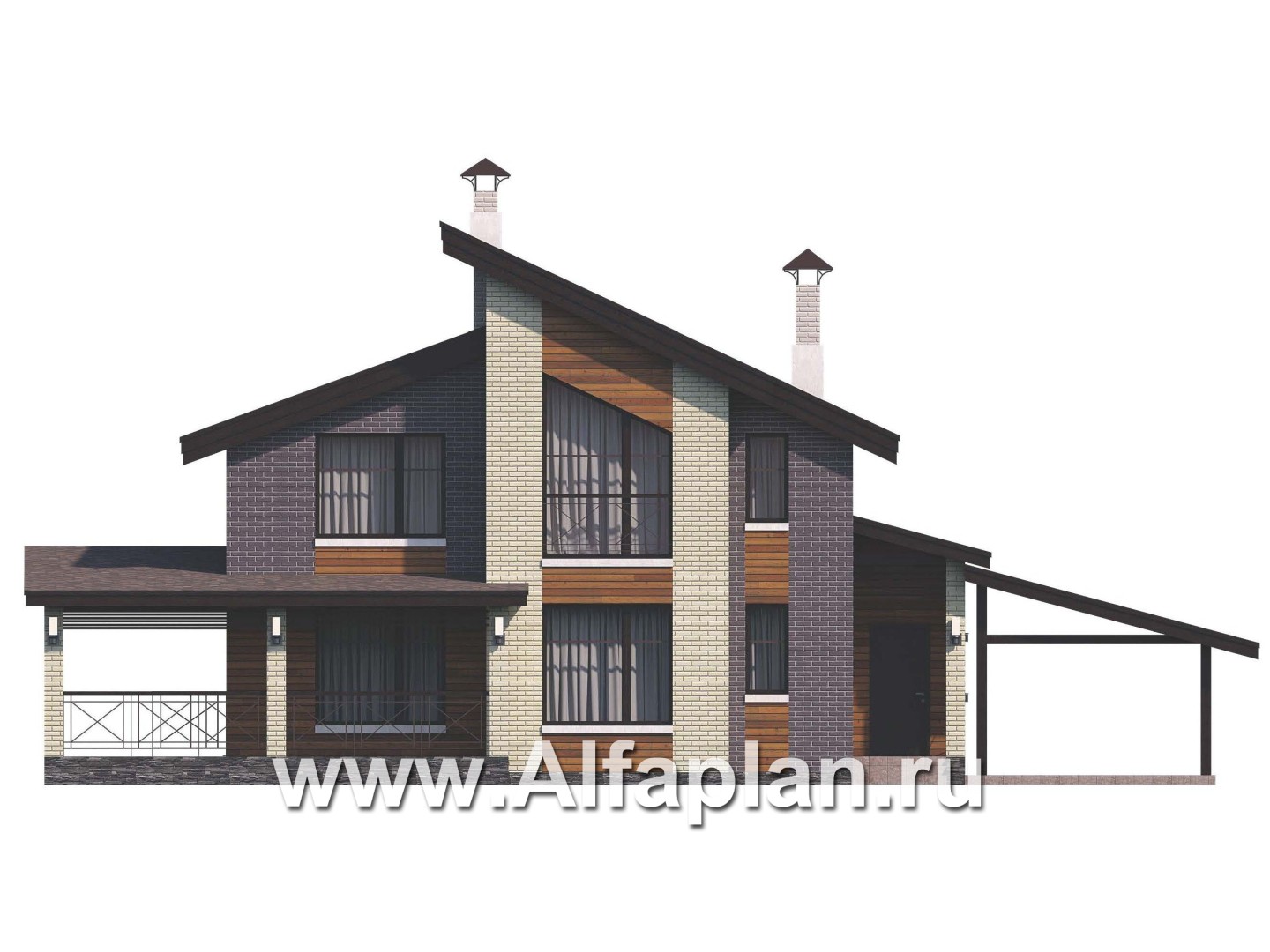 Проекты домов Альфаплан - «Стимул» - проект стильного двухэтажного дома с гаражом-навесом - изображение фасада №1
