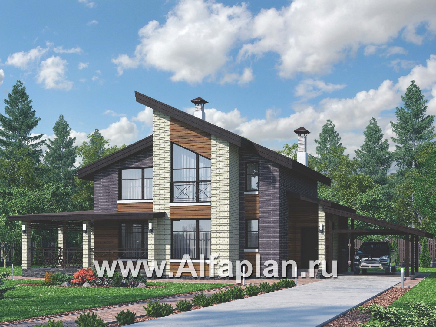 Проекты домов Альфаплан - «Стимул» - проект стильного двухэтажного дома с гаражом-навесом - основное изображение