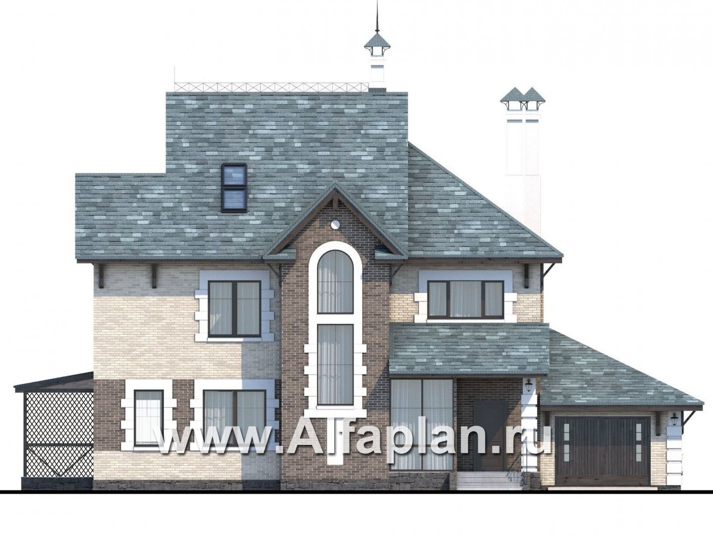 Проекты домов Альфаплан - «Северная регата» - коттедж с большой террасой, гаражом и кинозалом. - изображение фасада №1