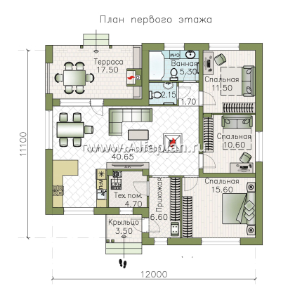 Проекты домов Альфаплан - «Калисто» - одноэтажный коттедж с островным камином в гостиной - превью плана проекта №1
