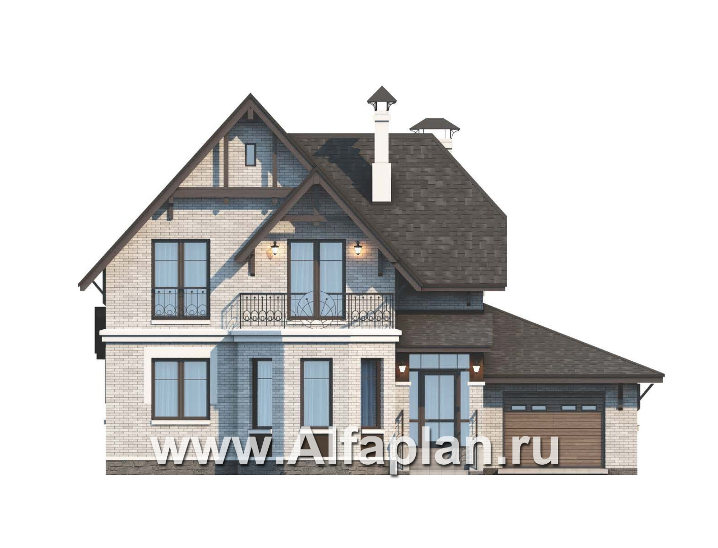 Проекты домов Альфаплан - Дом из газобетона «Шевалье» с гаражом и балконом над эркером - изображение фасада №1
