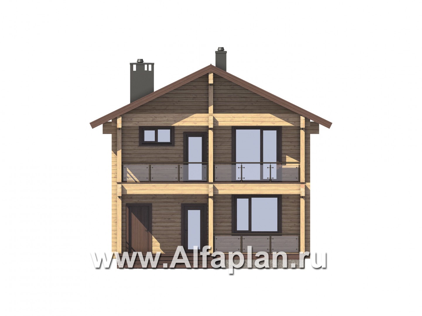 Проекты домов Альфаплан - Двухэтажный коттедж из бруса с террасой и балконом - изображение фасада №1