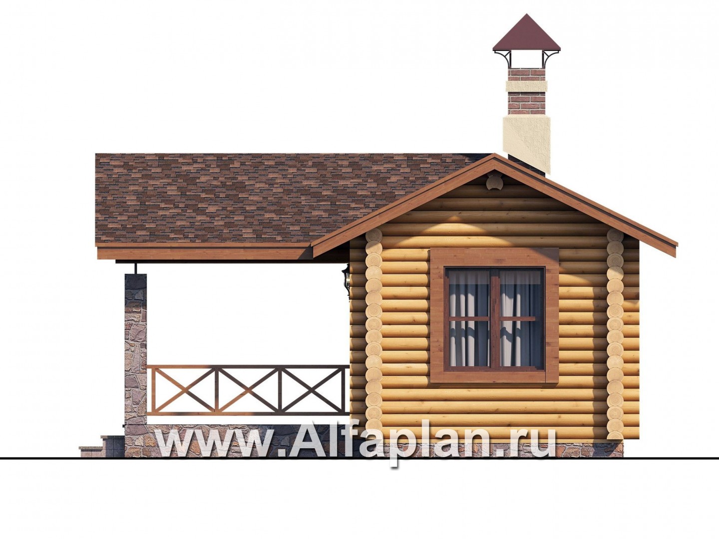 Проекты домов Альфаплан - Баня из бревен с большой крытой верандой - изображение фасада №2