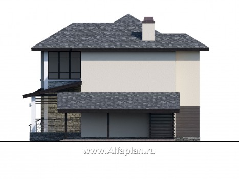 Проекты домов Альфаплан - "Одер" - стильный двухэтажный коттедж из газобетона с гаражом-навесом - превью фасада №2