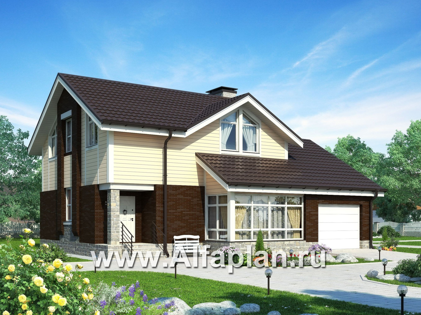 Проекты домов Альфаплан - Небольшой мансардный дом с гаражом - основное изображение