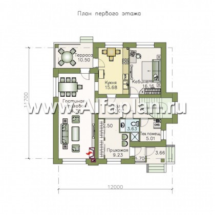 Проекты домов Альфаплан - «Простор» - компактный кирпичный дом с просторной гостиной - превью плана проекта №1
